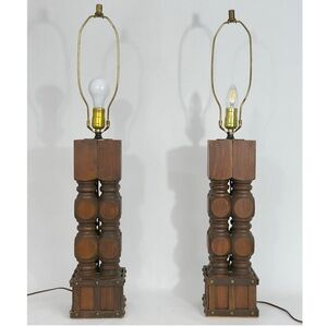 Vintage MCM Brutalist Scandinavian Handturned Wood Brass Spindle Balluster Lamps